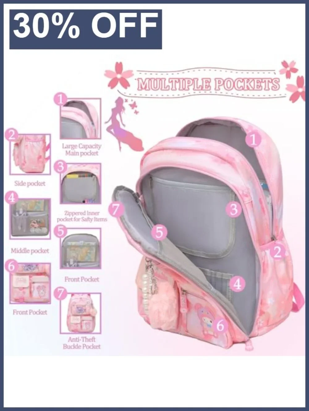 Girls Backpack School Bag with Padded Straps, Multiple Pockets, Water